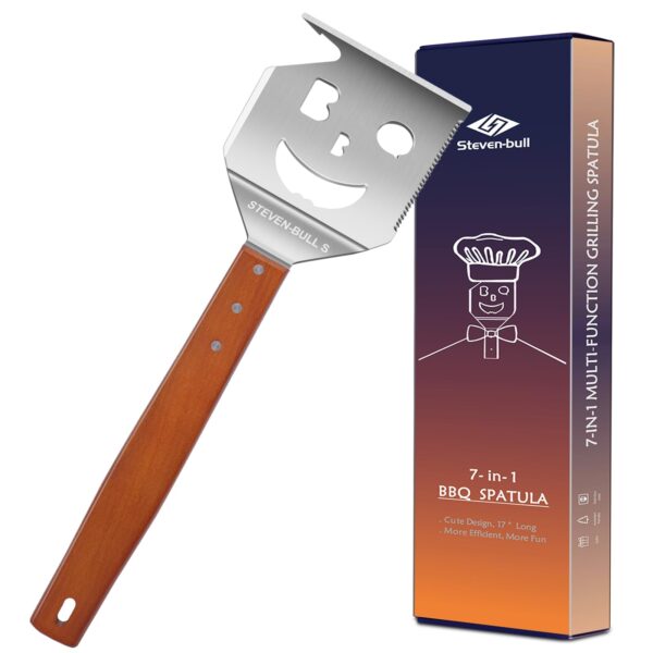 STEVEN-BULL 7 in 1 Grillspachtel – Multifunktionales Grillwerkzeug mit Edelstahl & Holzgriff