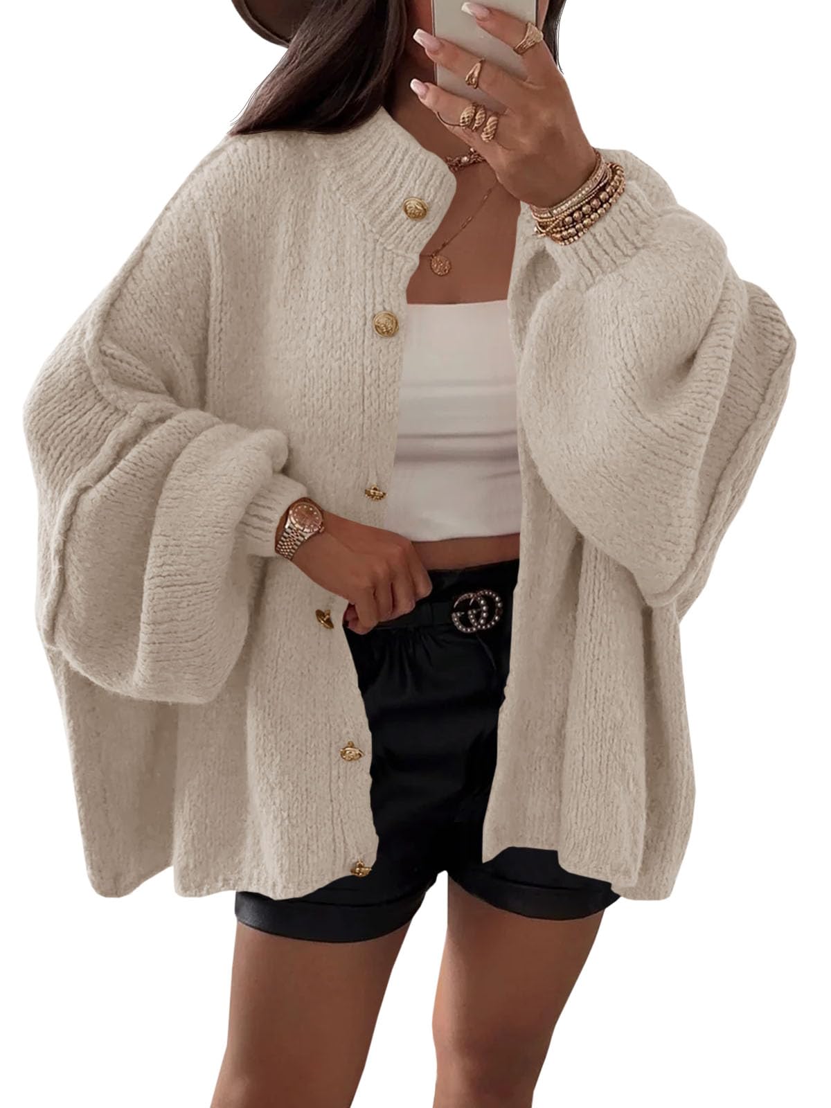 61Tzkj0ChL._SY1600_.jpg Saodimallsu Strickjacke Damen Kurz mit Laternenärmeln – Oversized Cardigan für Herbst & Winter – Bild 1