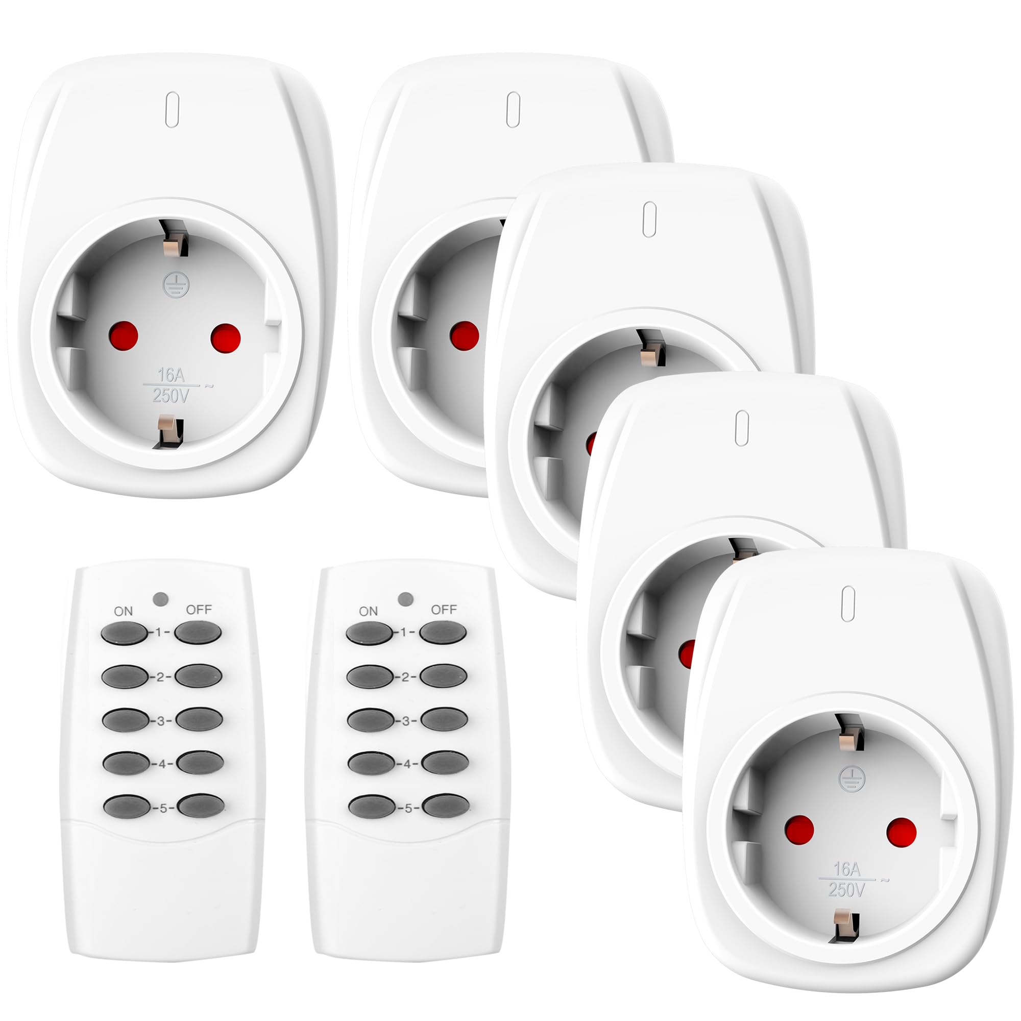 61j86uiL._SY2000_.jpg HBN 5er Funksteckdosen-Set mit 2 Fernbedienungen – 16A/3.680W Wireless Steuerung bis 30m – Bild 1