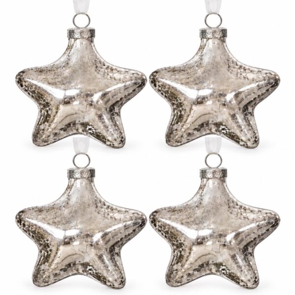 DN DECONATION Weihnachtskugeln Set – 4 Glassterne Silber mit Crackle-Optik