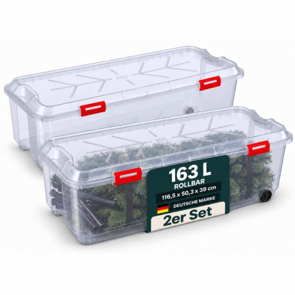 Kreher Weihnachtsbaum Aufbewahrungsbox XL mit Rollen transparent (2er-Set) – 116,5 x 50,3 x 39 cm