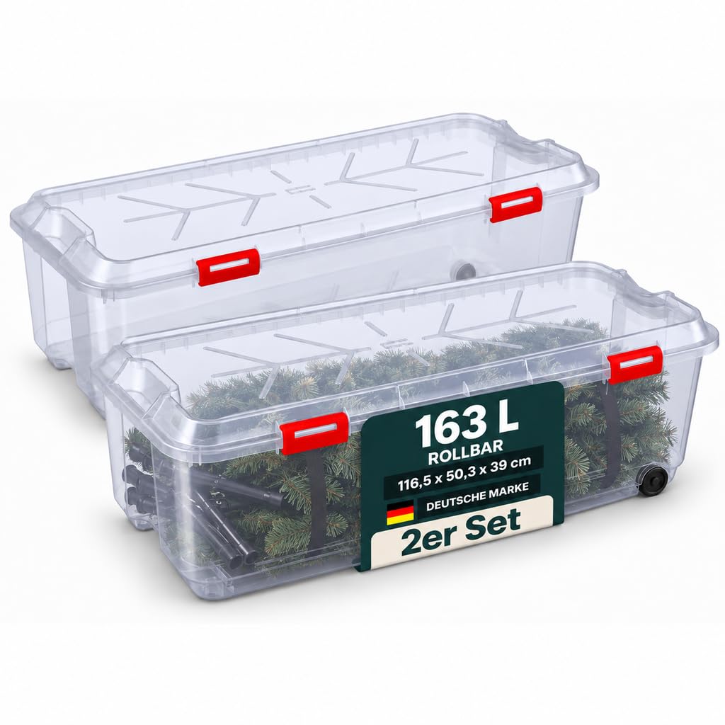 61oS7WtmRL._SY1024_.jpg Kreher Weihnachtsbaum Aufbewahrungsbox XL mit Rollen transparent (2er-Set) – 116,5 x 50,3 x 39 cm – Bild 1