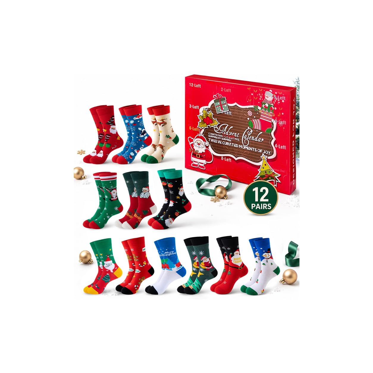 Sporzin Adventskalender 2026 – 12 Paar Weihnachtssocken aus 85% Baumwolle für Damen & Herren