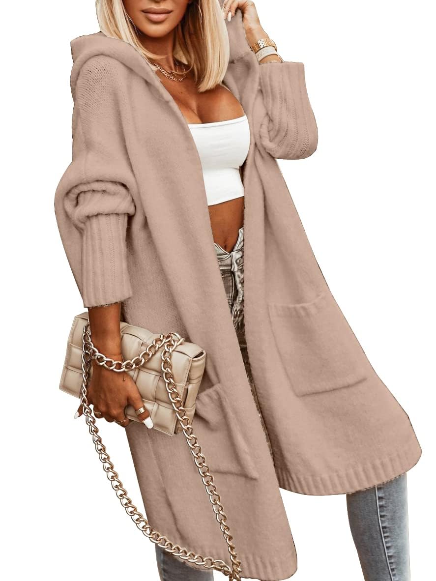 Tongmingyun Damen Cardigan Lang mit Kapuze – Grobstrick Strickjacke für Herbst & Winter