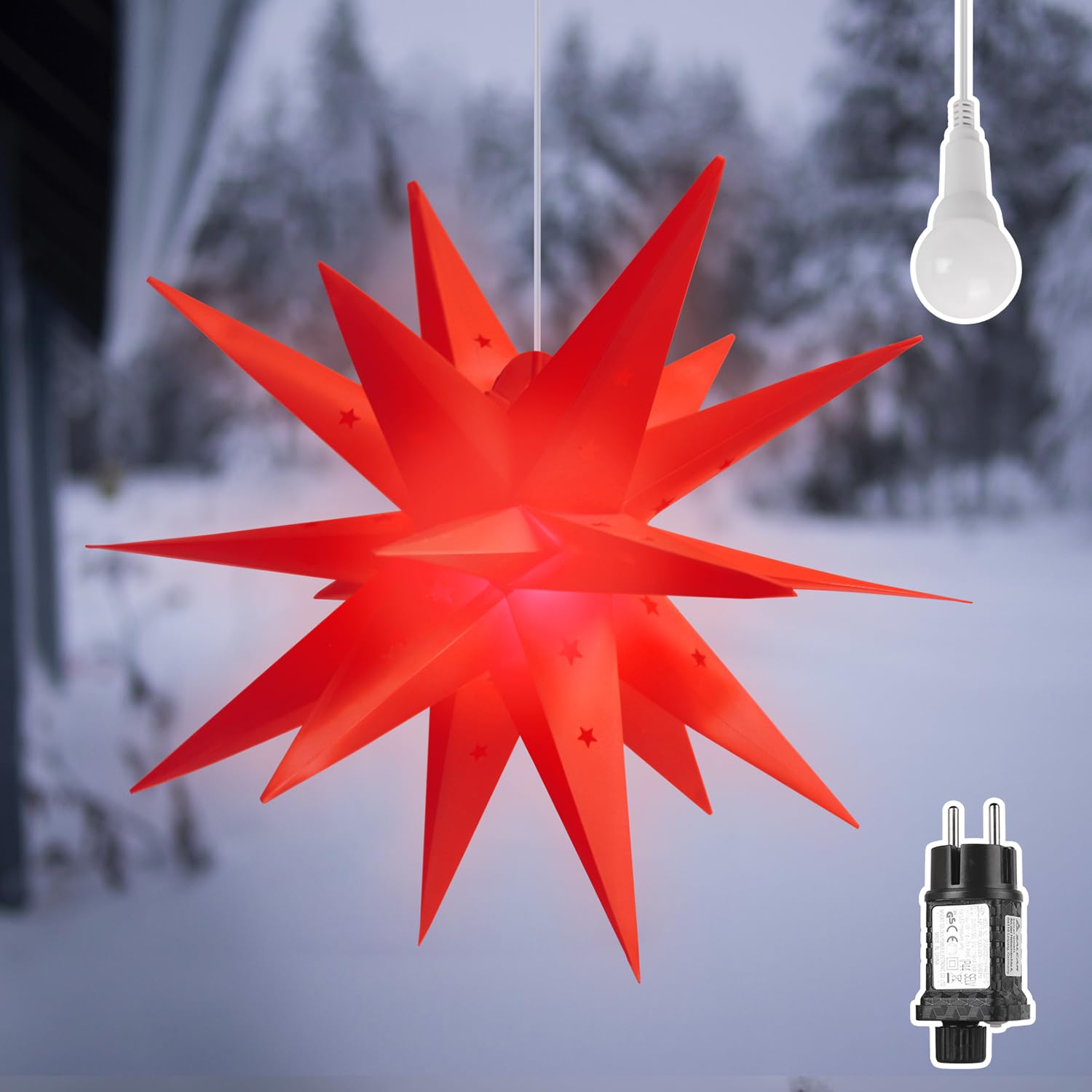 61zFAzBNAdL._SY1500_.jpg SALCAR 60cm 3D LED Leuchtstern Rot – Wetterfester Weihnachtsstern für Innen & Aussen – Bild 1