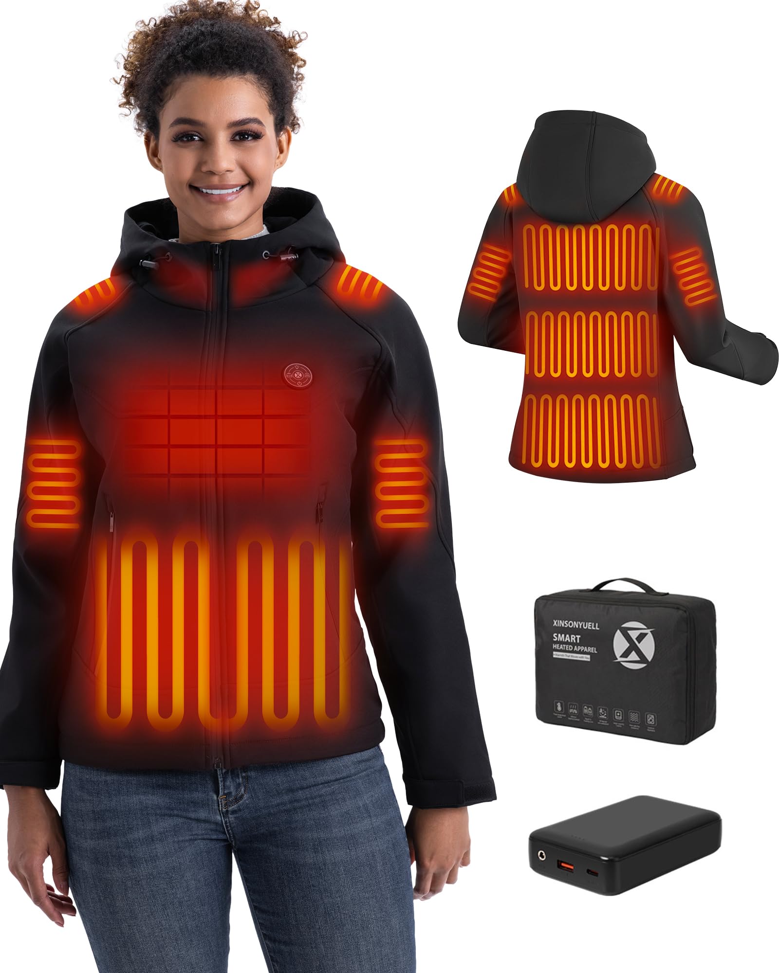 XINSONYUELL Heizjacke Damen mit 16000mAh Powerbank – 15 Heizzonen für Outdoor-Winter