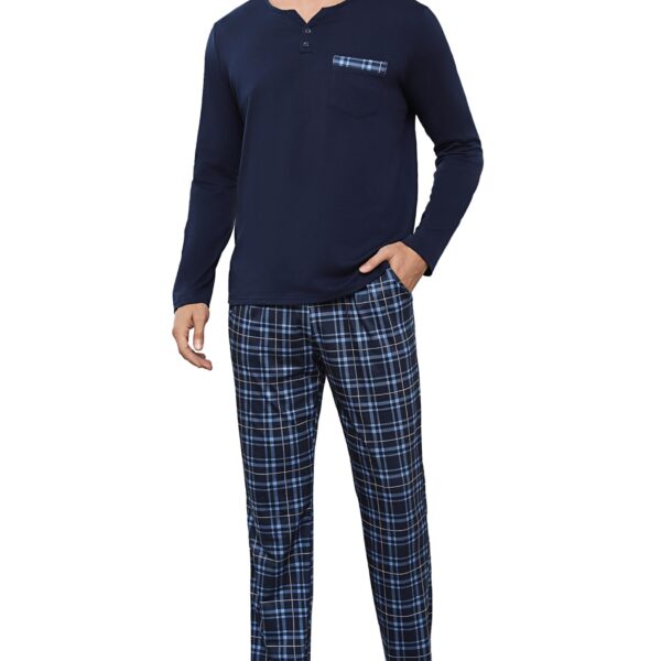 Bresdk Herren Schlafanzug lang aus Baumwolle – Zweiteiliges Pyjama Set mit Interlock-Stoff