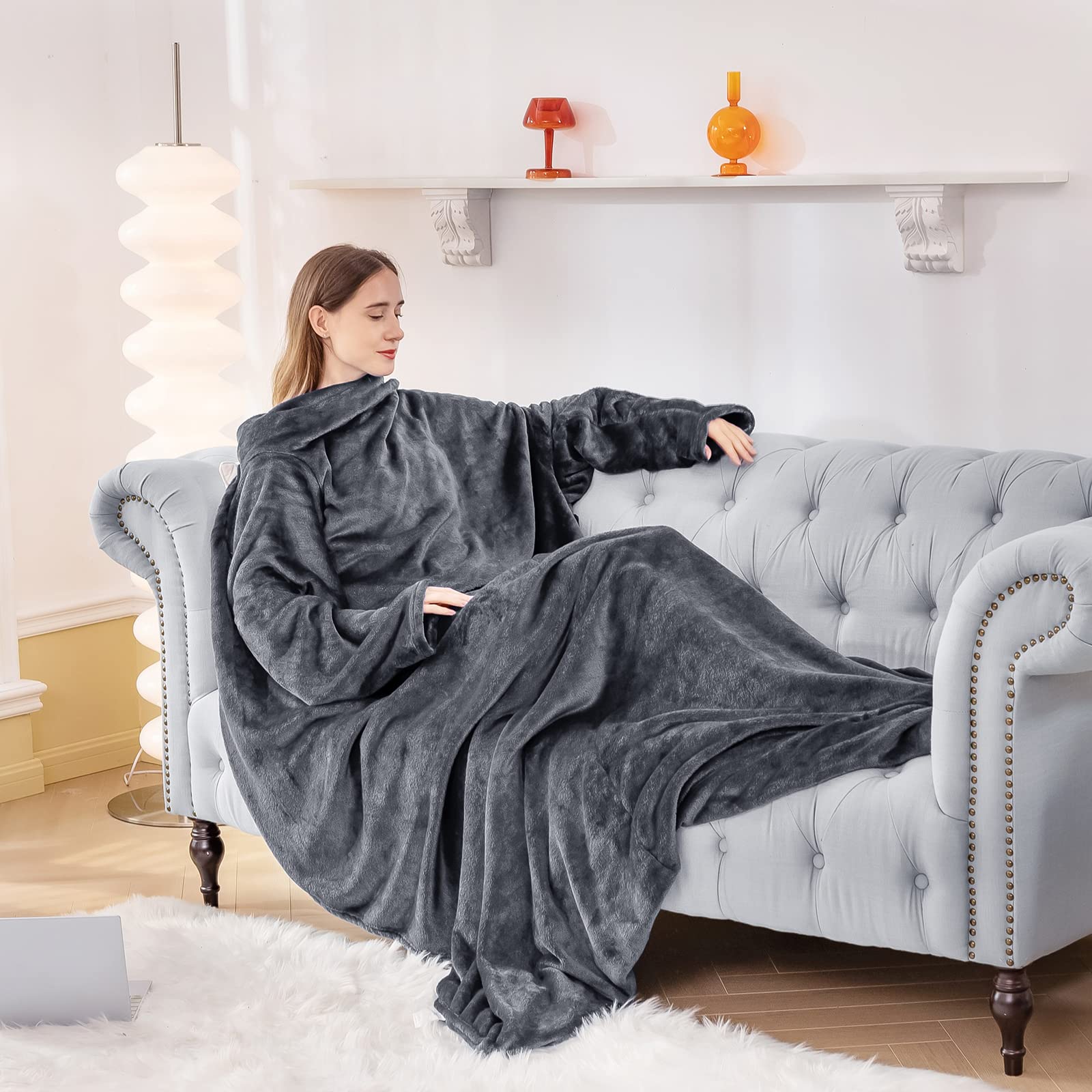 Aisbo Fleece Wearable Blanket mit Ärmeln & Fussanwärmung – Übergrosse Kuscheldecke