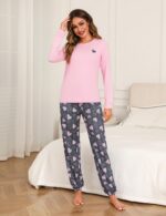 Bresdk Damen Schlafanzug Lang mit Herz-Print – Baumwolle Pyjama S-XXL – Bild 3