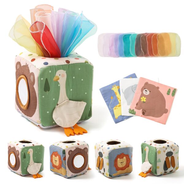 Holz Sensorik Tücher-Box Montessori – Motorikspielzeug für Babys 6–12 Monate