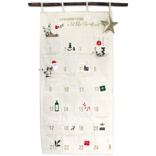 Papierdrachen Adventskalender 2026 – Bestickter Wandteppich Beige & Gold 120x60 cm