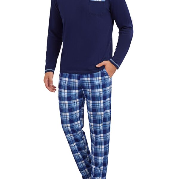 Bresdk Herren Schlafanzug Baumwolle Lang – Warmer Pyjama mit V-Ausschnitt & Taschen
