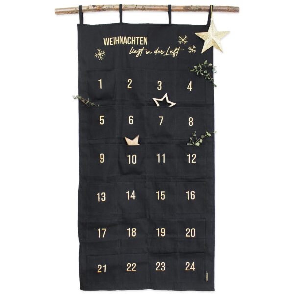 Papierdrachen Adventskalender 2026 – Bestickter Wandteppich Schwarz-Gold 120x60 cm