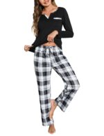 Bresdk Damen Schlafanzug Lang Baumwolle Kariert – Zweiteiliger Pyjama mit V-Ausschnitt