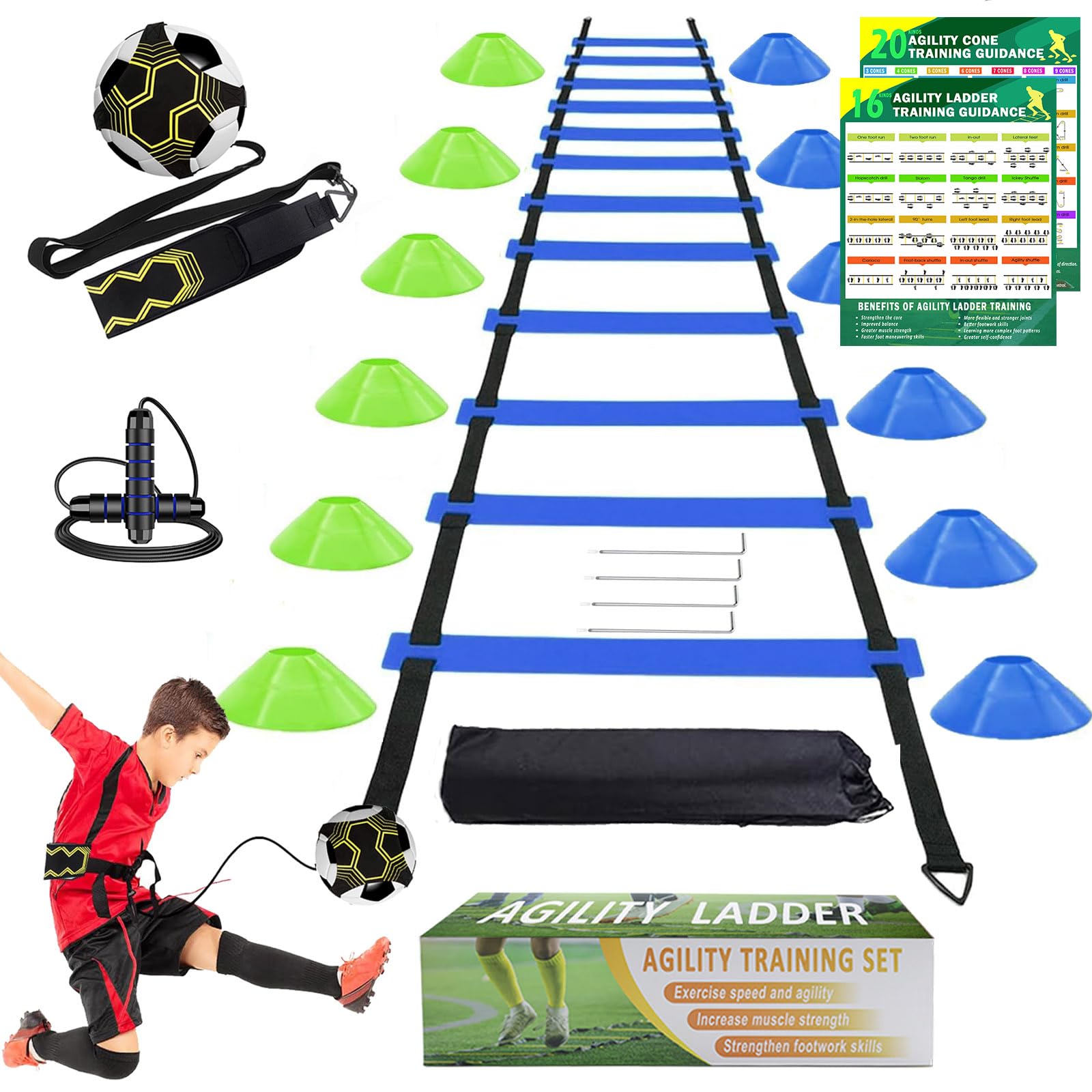 BJNCDIO Fussball Trainingsset – 6m Koordinationsleiter, 12 Hütchen & Kicktrainer
