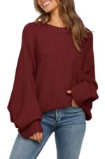 Fessceruna Damen Oversize Strickpullover mit Fledermausärmel – Winterpulli Rundhals