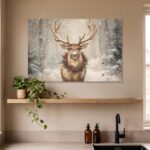 MuchoWow Weihnachtsleinwand Rentier 90x60 cm – Beige Wandbild mit Holzrahmen – Bild 4