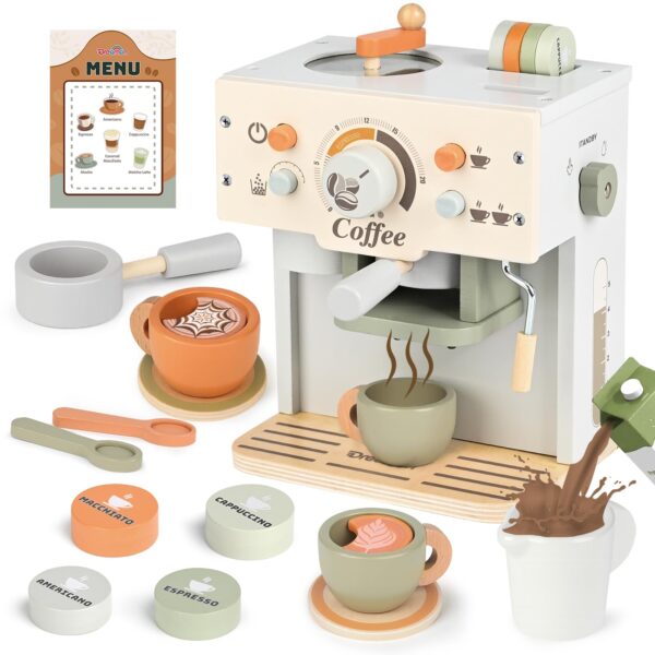 Dreamon Holz-Kaffeemaschine für Kinderküche – 15-teiliges Rollenspiel-Set ab 3 Jahren