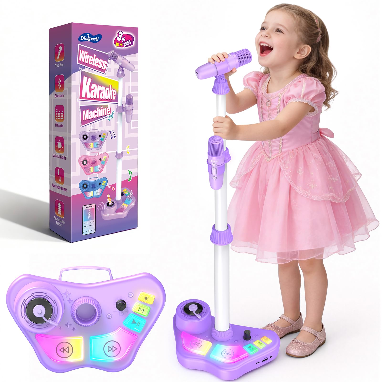 71NfjcqSfL._SY1601_.jpg Dislocati Karaoke Maschine für Kinder mit 2 Mikrofonen – Singspielzeug mit LED-Effekten – Bild 1