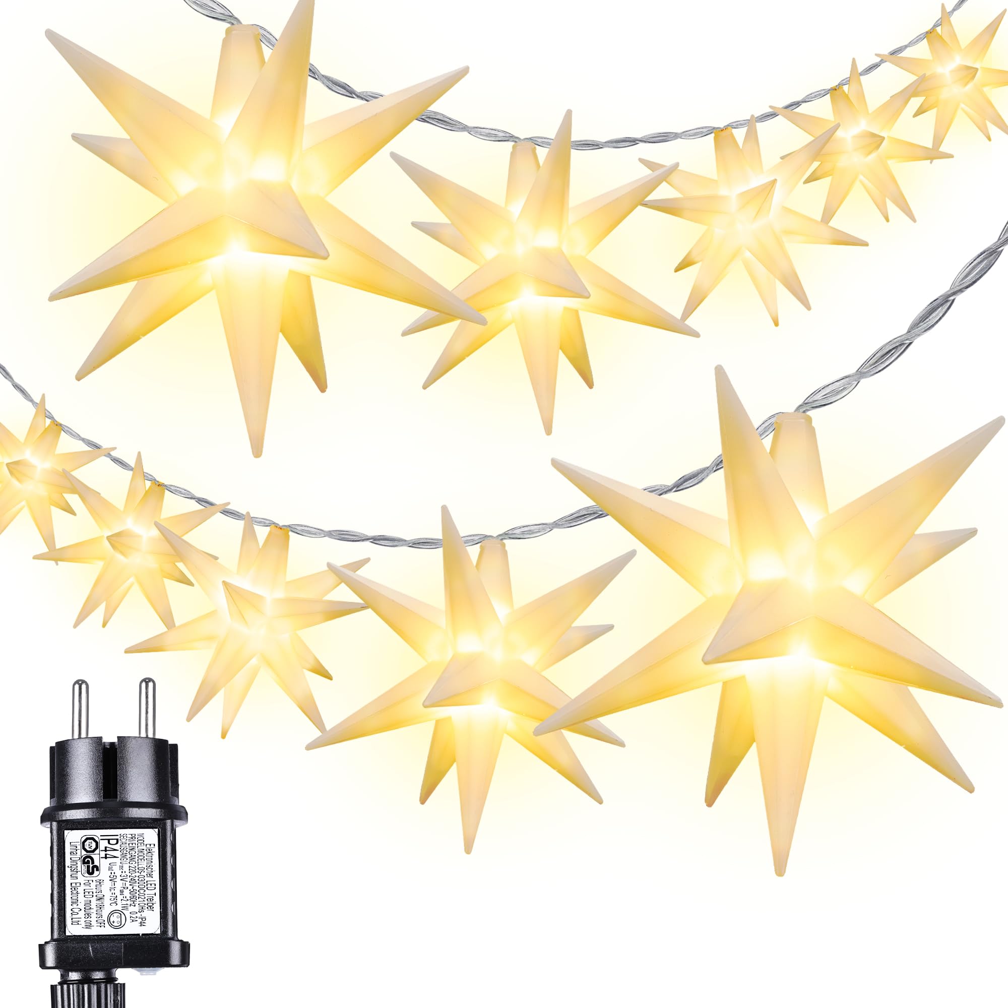 71O-SJkd5xL._SY2000_.jpg iBaycon 11,75M LED-Sternenlichterkette Warmweiß – 3D Leuchtsterne mit Timer für Innen & Aussen – Bild 1