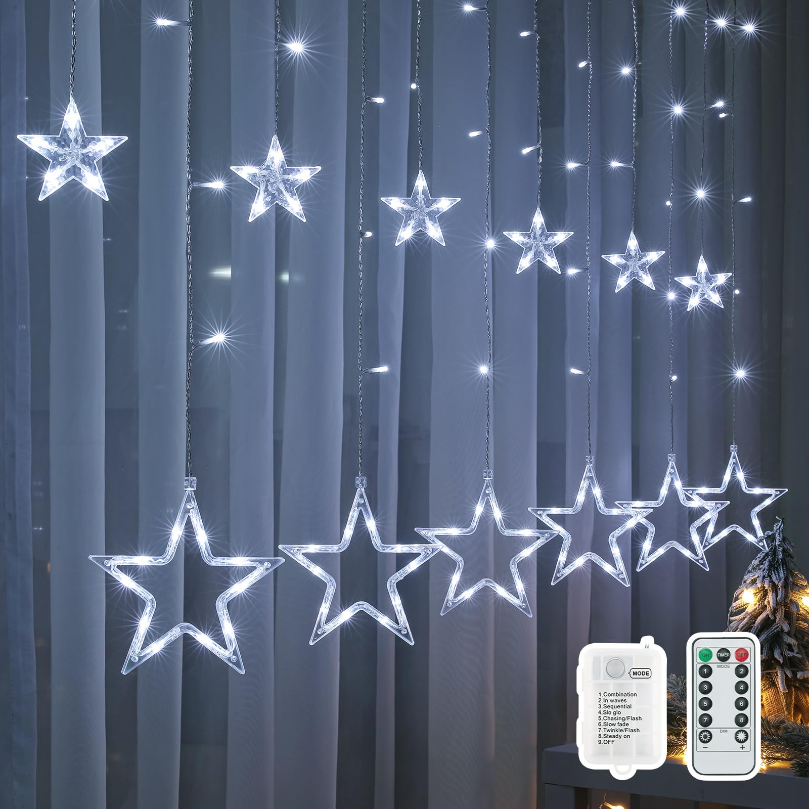 BLOOMWIN 2M Lichtervorhang mit 138 LED Sternen – Kaltweiße Weihnachtsbeleuchtung für Fenster