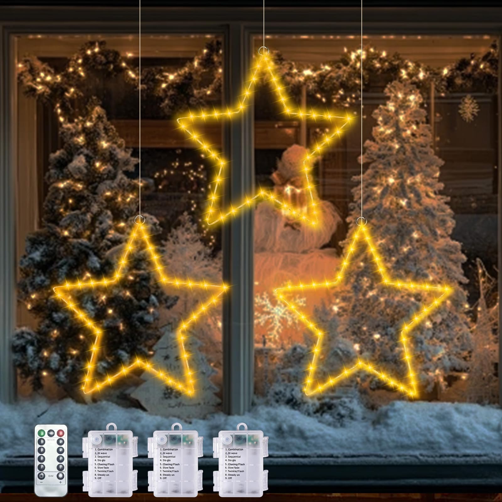 71bxJ9zdXqL._SY1600_.jpg POIFL Weihnachtssternenlicht 3er Set mit 120 LEDs – Warmweiss Fensterbeleuchtung mit Fernbedienung – Bild 1