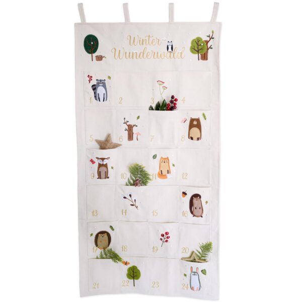 Papierdrachen Adventskalender 2026 Waldtiere – Bestickter Wandkalender 120x60 cm, wiederverwendbar