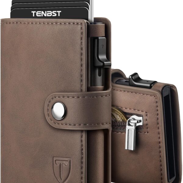 TENBST Slim Wallet Herren mit RFID Schutz & Pop-up Kartenetui – Braun