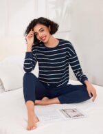 Bresdk Damen Schlafanzug Lang Baumwolle – Gestreiftes Pyjama Set S-4XL – Bild 4