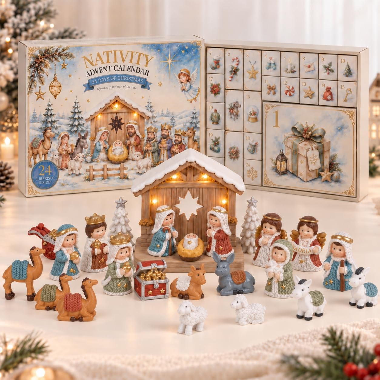 71n45D8UGjL._SY1254_.jpg Krippen-Adventskalender 2026 mit LED-Beleuchtung – 24 Figuren & Strickoptik für Kinder – Bild 1
