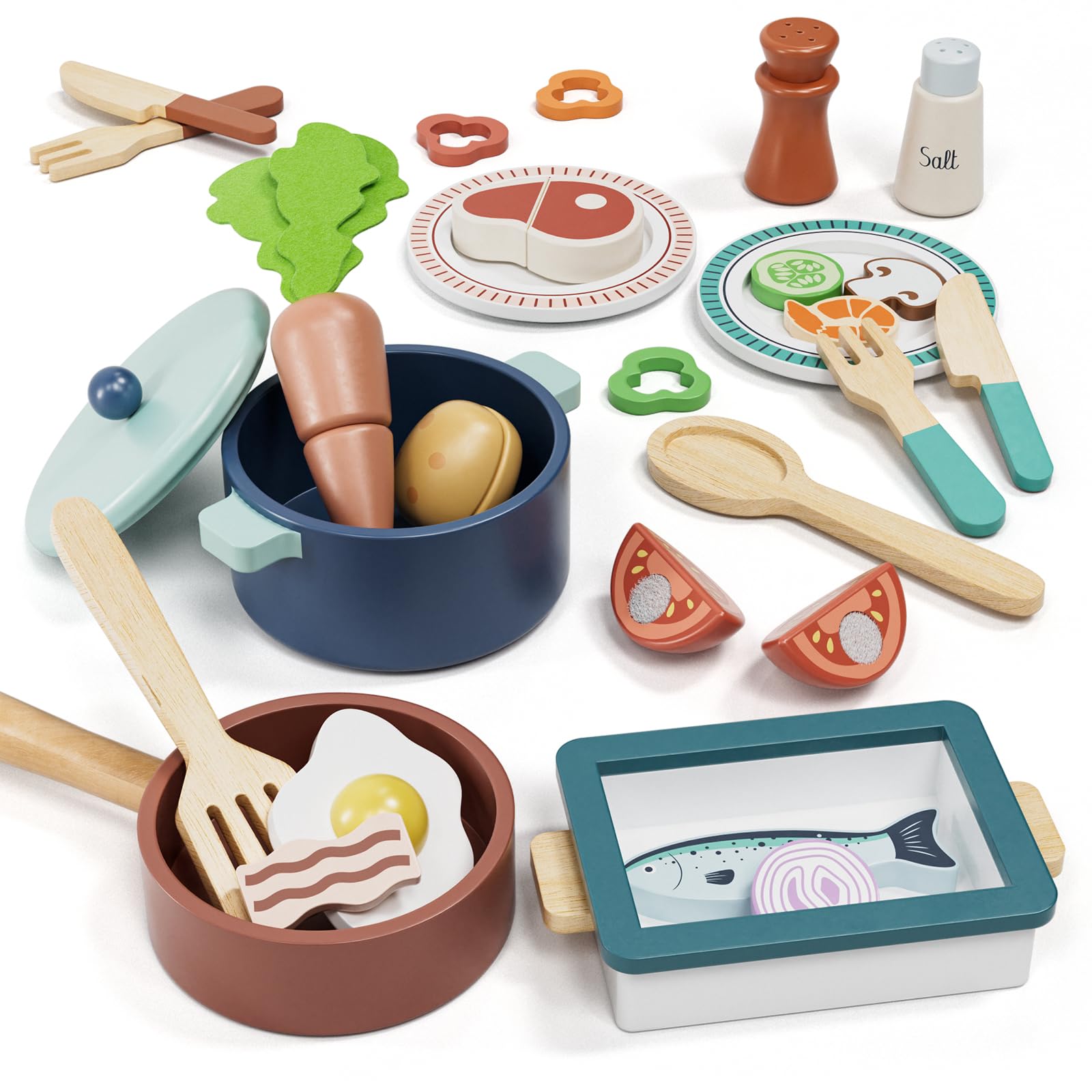 71qj8xmWoL._SY1600_.jpg Lehoo Castle Kinderküche Zubehör aus Holz – Spielküche Set mit Kochgeschirr & Lebensmittel ab 3 Jahren – Bild 1