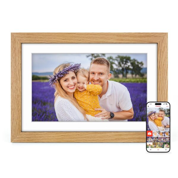 Frameo Digitaler Bilderrahmen 10.1 Zoll Eichenholz WLAN mit 32GB – Fotos teilen per App