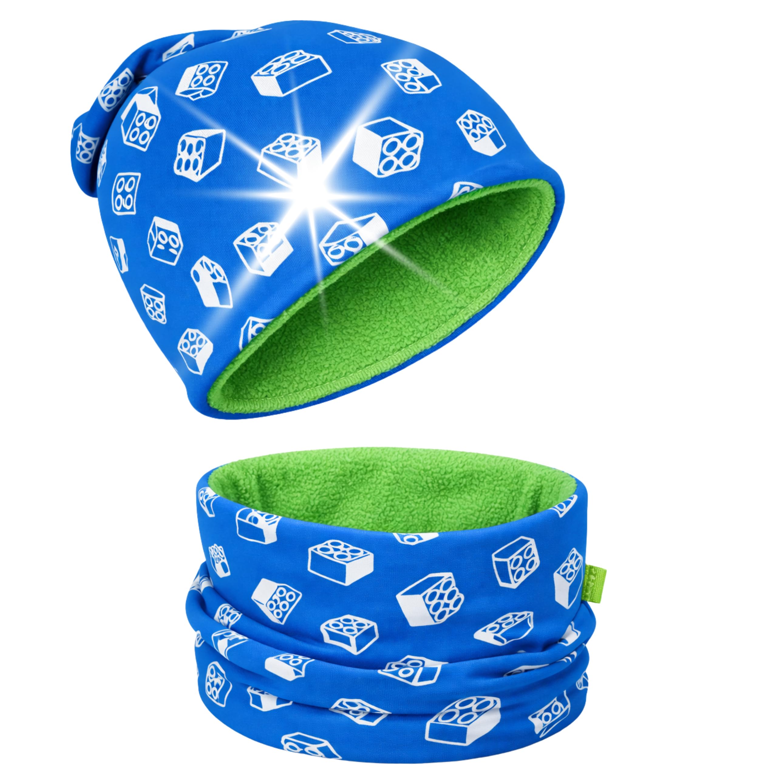 81-SKM0GVlL._SY2560_.jpg HECKBO Kinder Mütze & Loop Schal Set 48-54 cm – 360° Reflektoren & Fleece für Winter – Bild 1