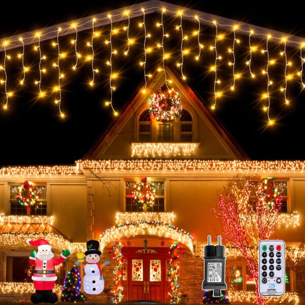 Auriostar Eisregen Lichterkette 7,5m 306 LED – Warmweiss Aussenbeleuchtung mit Fernbedienung