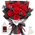 7er Ewige Rosen Strauß mit Vase & LED Licht – Konservierte Rosen für Damen