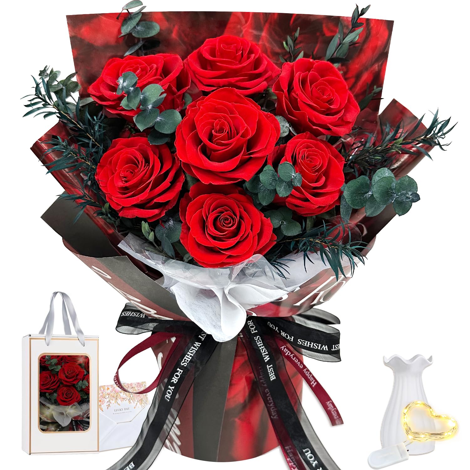 7er Ewige Rosen Strauß mit Vase & LED Licht – Konservierte Rosen für Damen