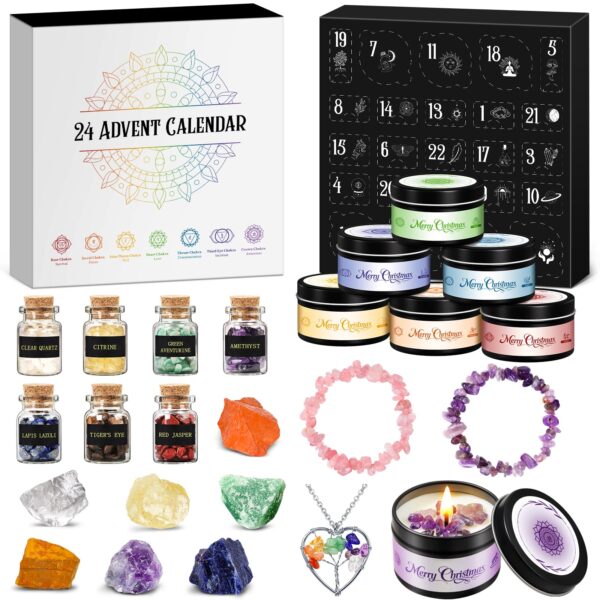 Vexyra Chakra Duftkerzen Adventskalender 2026 – 7er Set mit Edelsteinen & Schmuck