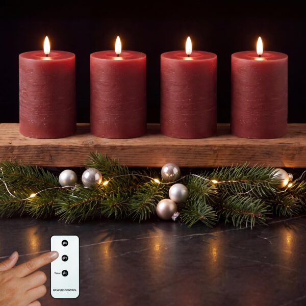 INSPINOVIA LED Echtwachs Kerzen 4er Set Rot – Adventskränze mit Fernbedienung & Timer