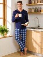 Bresdk Herren Schlafanzug Baumwolle Lang – Warmer Pyjama mit V-Ausschnitt & Taschen – Bild 2