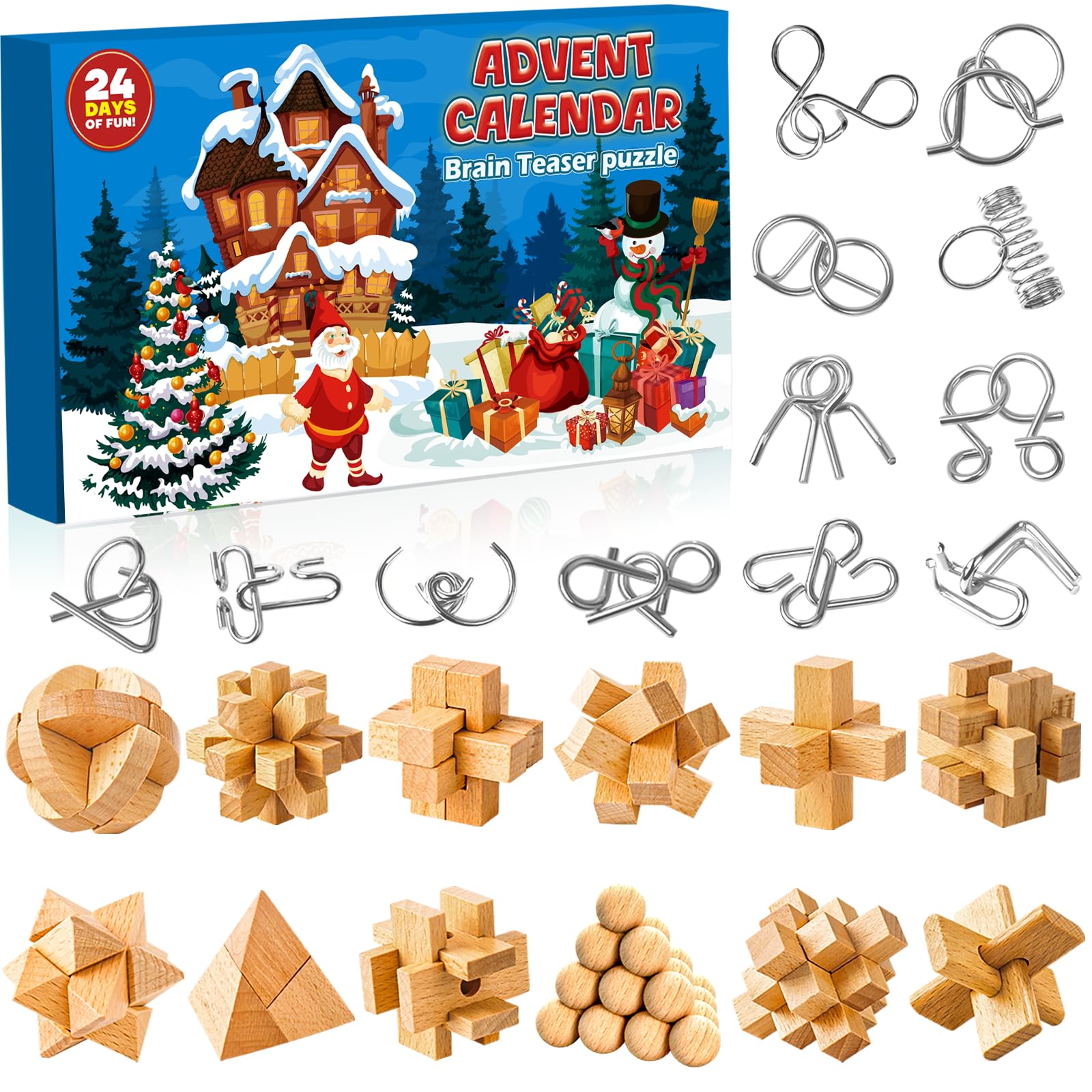 Adventskalender 2026 mit 24 Knobelspiele – Metall & Holzpuzzles für die ganze Familie
