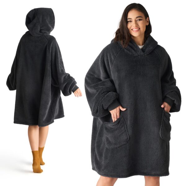BEDSURE Hoodie Decke mit Ärmeln 95x85cm Anthrazit – Sherpa Kuscheldecke mit Taschen