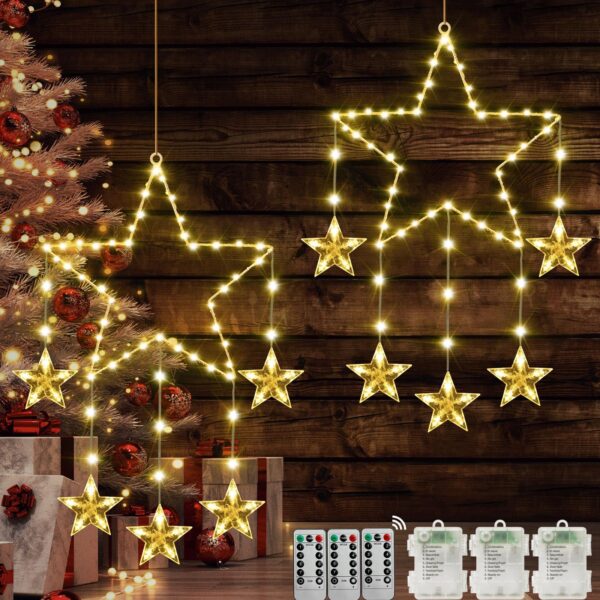 Therlan LED Weihnachtsstern 2er Set mit 62 LEDs – Batteriebetriebene Fensterdeko mit Timer & 8 Modi