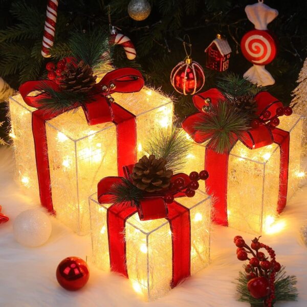 Quntis 3er Set LED Geschenkboxen 60 warmweisse LEDs – Weihnachtsdeko mit Timer & 8 Modi