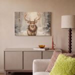 MuchoWow Weihnachtsleinwand Rentier 90x60 cm – Beige Wandbild mit Holzrahmen – Bild 2