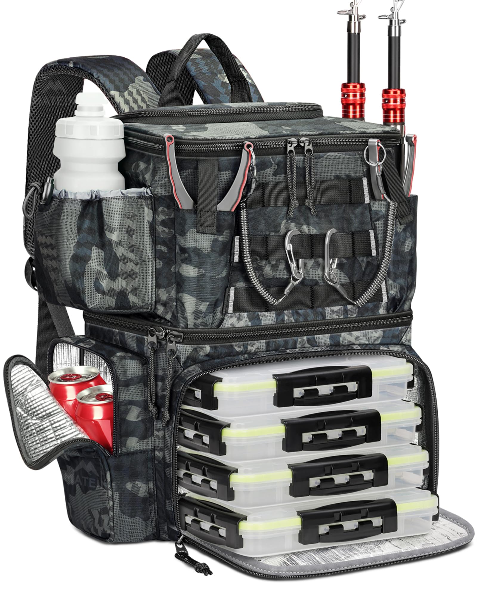 MATEIN Angelrucksack mit 4 Köderboxen & Rutenhalter – Wasserdicht für professionelle Angler
