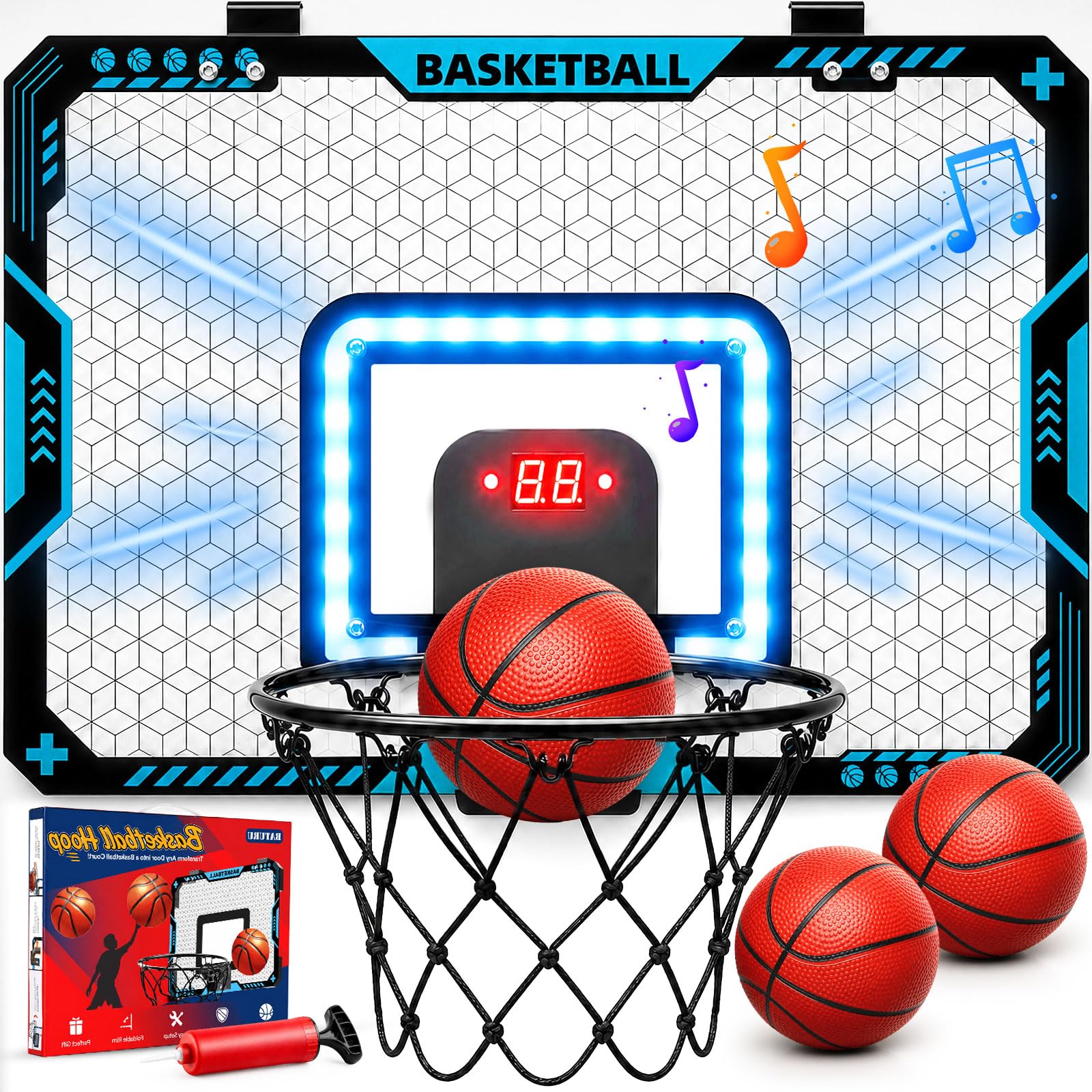 BATURU Mini Basketballkorb Indoor mit LED-Anzeigetafel & Sound – Faltbar für Kinderzimmer