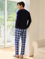 Bresdk Herren Schlafanzug Baumwolle Lang – Warmer Pyjama mit V-Ausschnitt & Taschen – Bild 4
