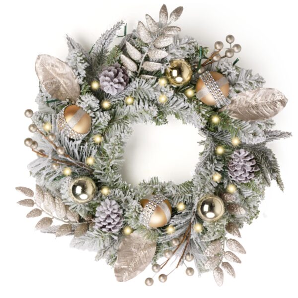 Valery Madelyn Weihnachtskranz 40cm Weiss-Gold mit 20 LEDs & Timer – Haustürkranz