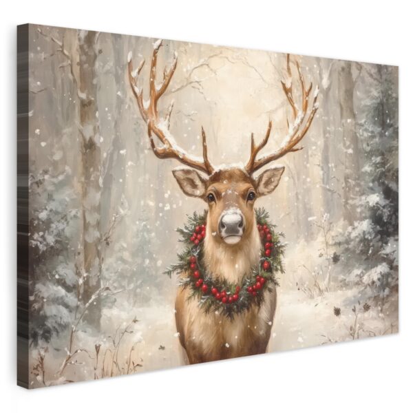 MuchoWow Weihnachtsleinwand Rentier 90x60 cm – Beige Wandbild mit Holzrahmen
