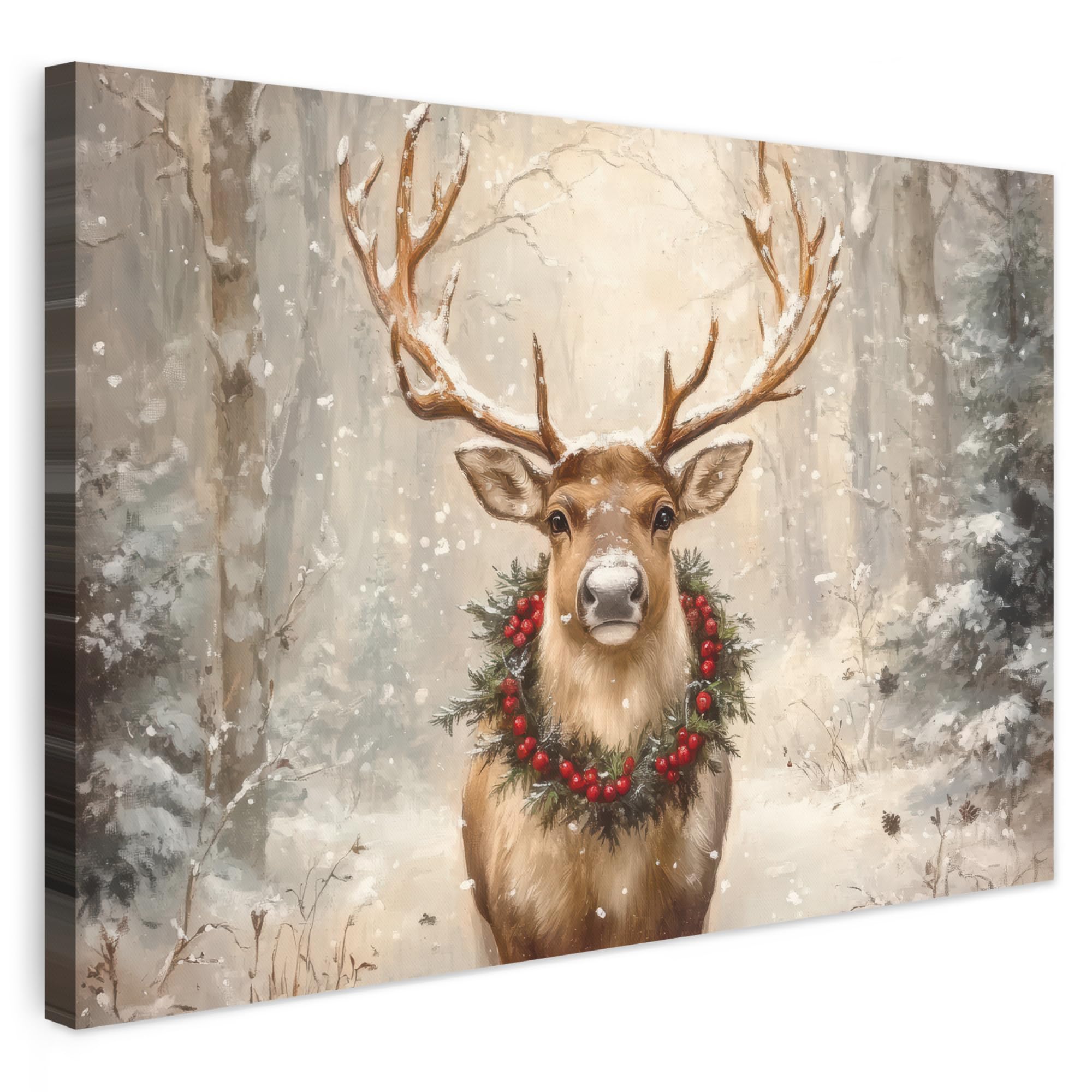 81FwTddf0FL._SY2000_.jpg MuchoWow Weihnachtsleinwand Rentier 90x60 cm – Beige Wandbild mit Holzrahmen – Bild 1